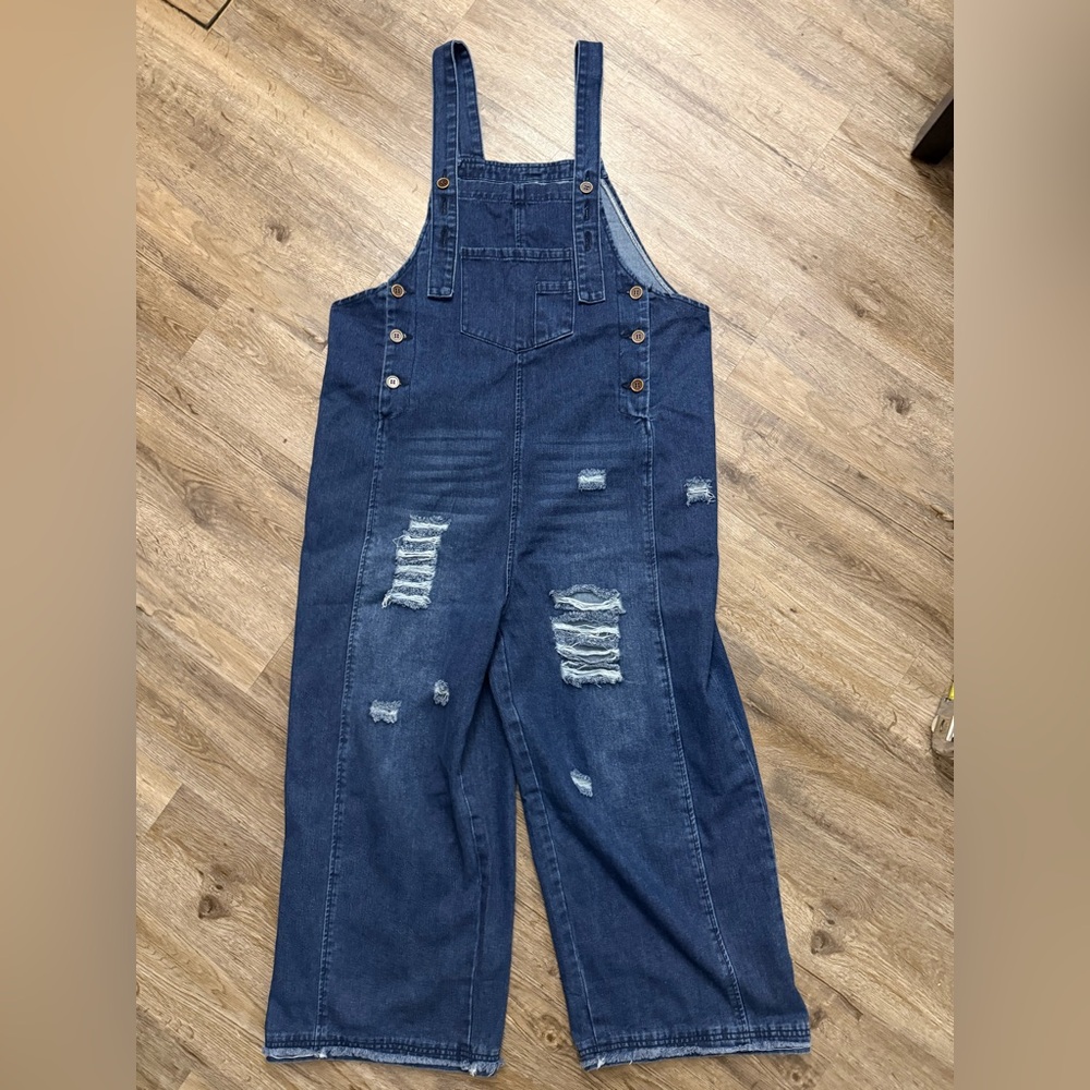 Wide Leg Distressed Oversized Jean Overalls - Picture 2 of 14